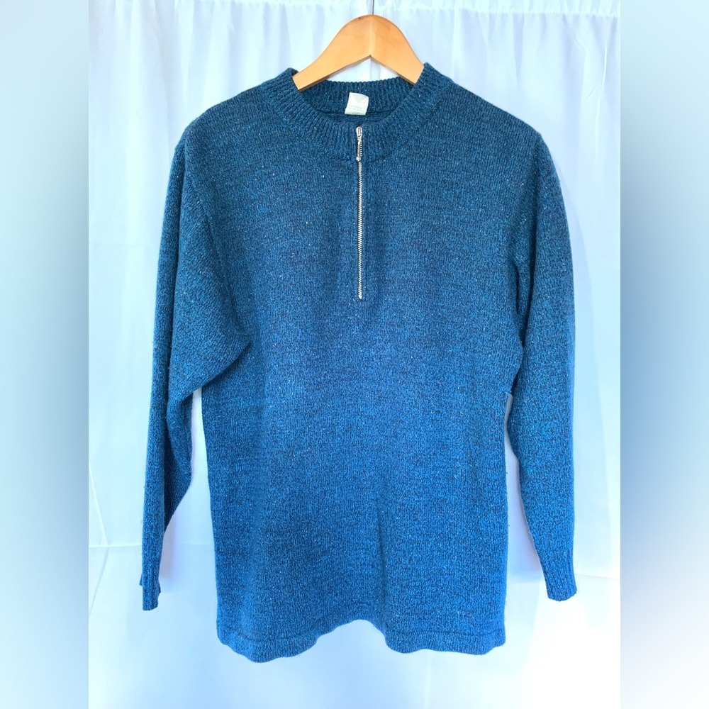 Vintage Silk Wool Quarter Zip Sweater Men Large Blue Marl Knit Pullover Wallis